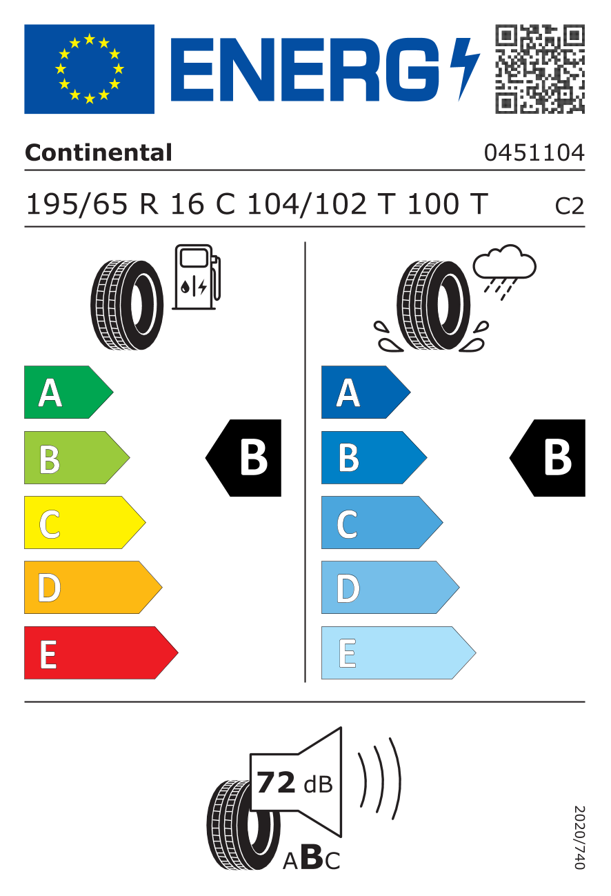 EU-Reifenlabel für CONTINENTAL VAN CONTACT 100 195/65 R16 104/102T
