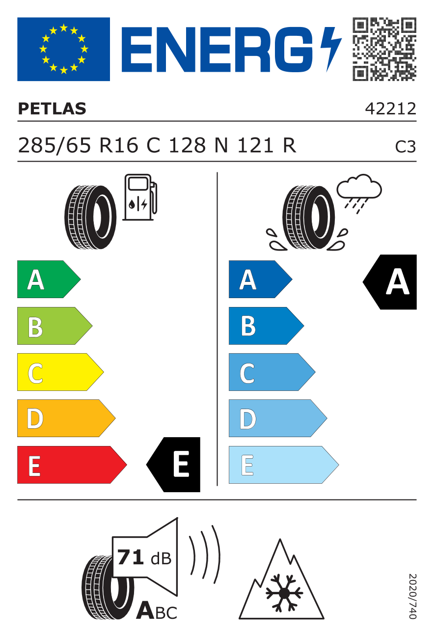 EU-Reifenlabel für PETLAS PT935 285/65 R16 128N