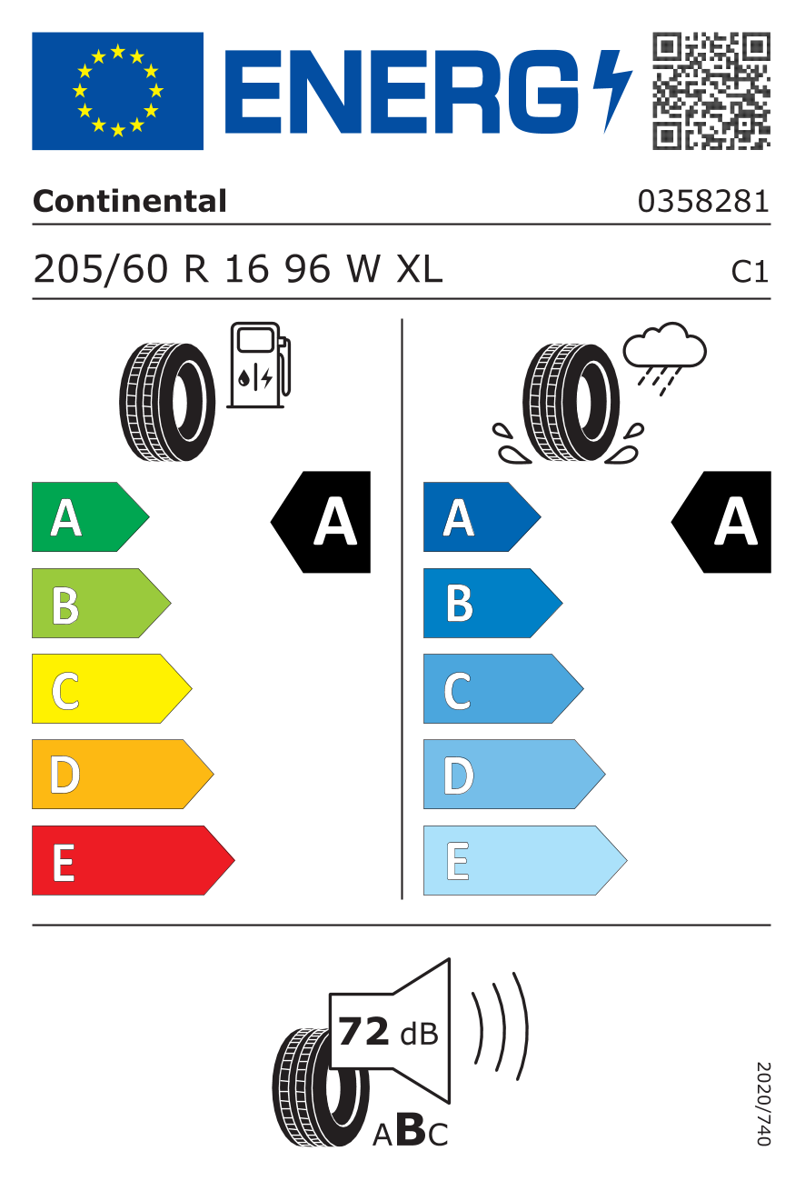 EU-Reifenlabel für CONTINENTAL ECO CONTACT 6 205/60 R16 96W