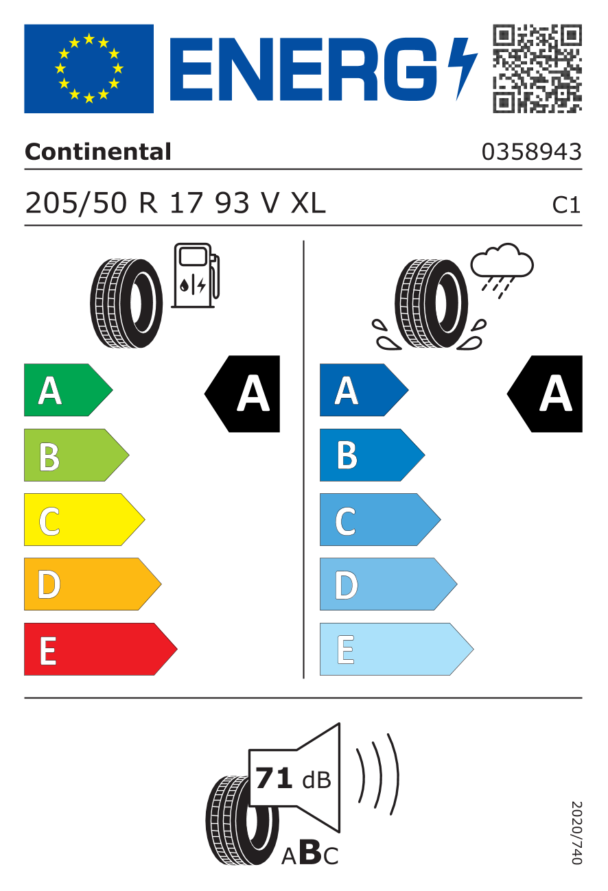 EU-Reifenlabel für CONTINENTAL ECO CONTACT 6 205/50 R17 93V
