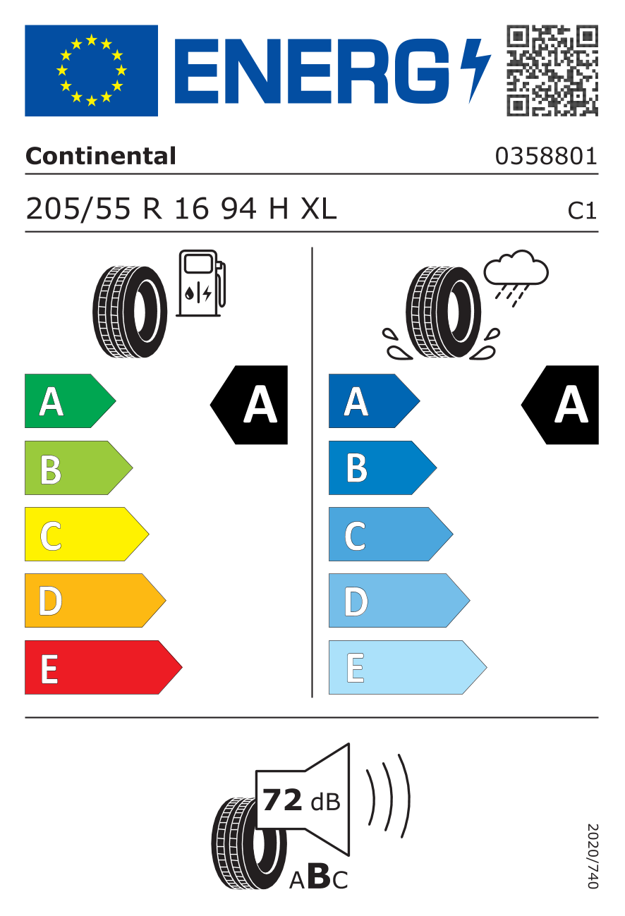 EU-Reifenlabel für CONTINENTAL ECO CONTACT 6 205/55 R16 94H
