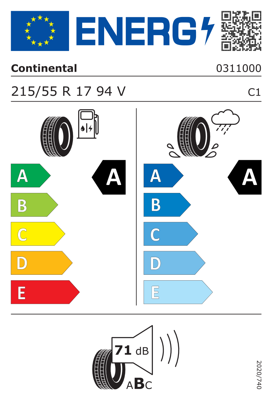 EU-Reifenlabel für CONTINENTAL ECO CONTACT 6 215/55 R17 94V