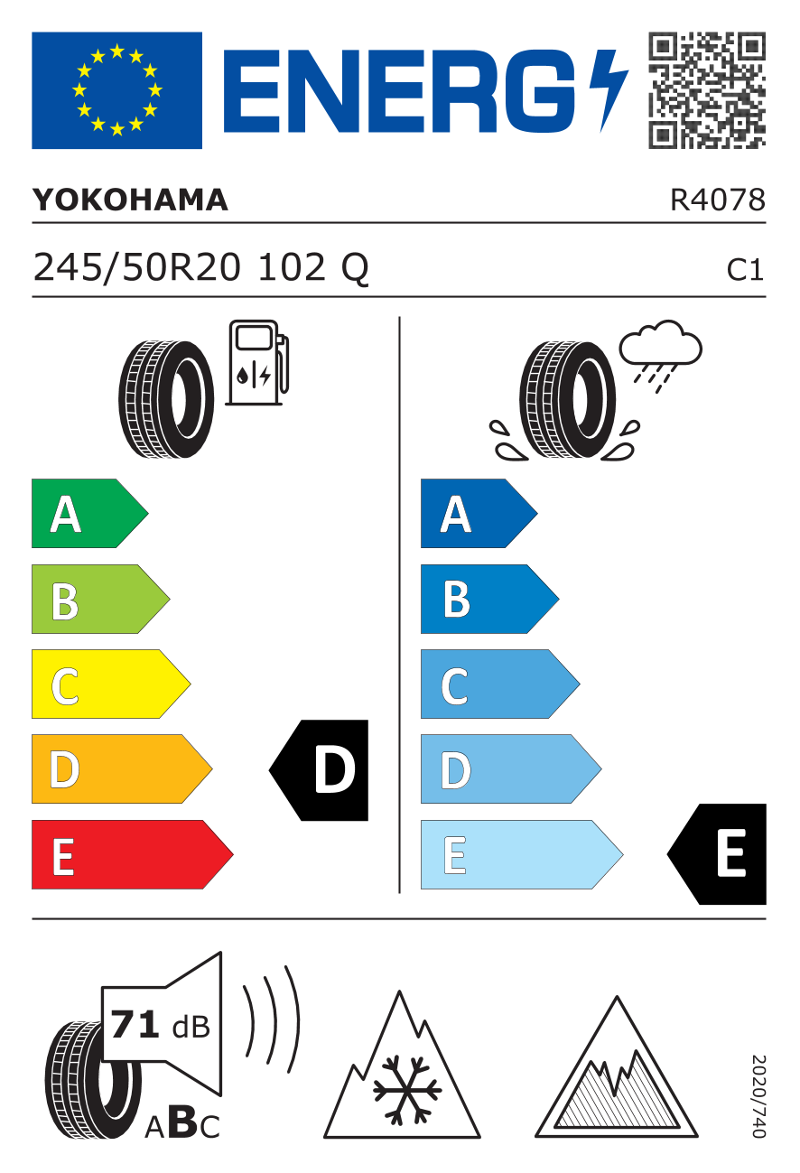 EU-Reifenlabel für YOKOHAMA G075 ICE GUARD 245/50 R20 102Q