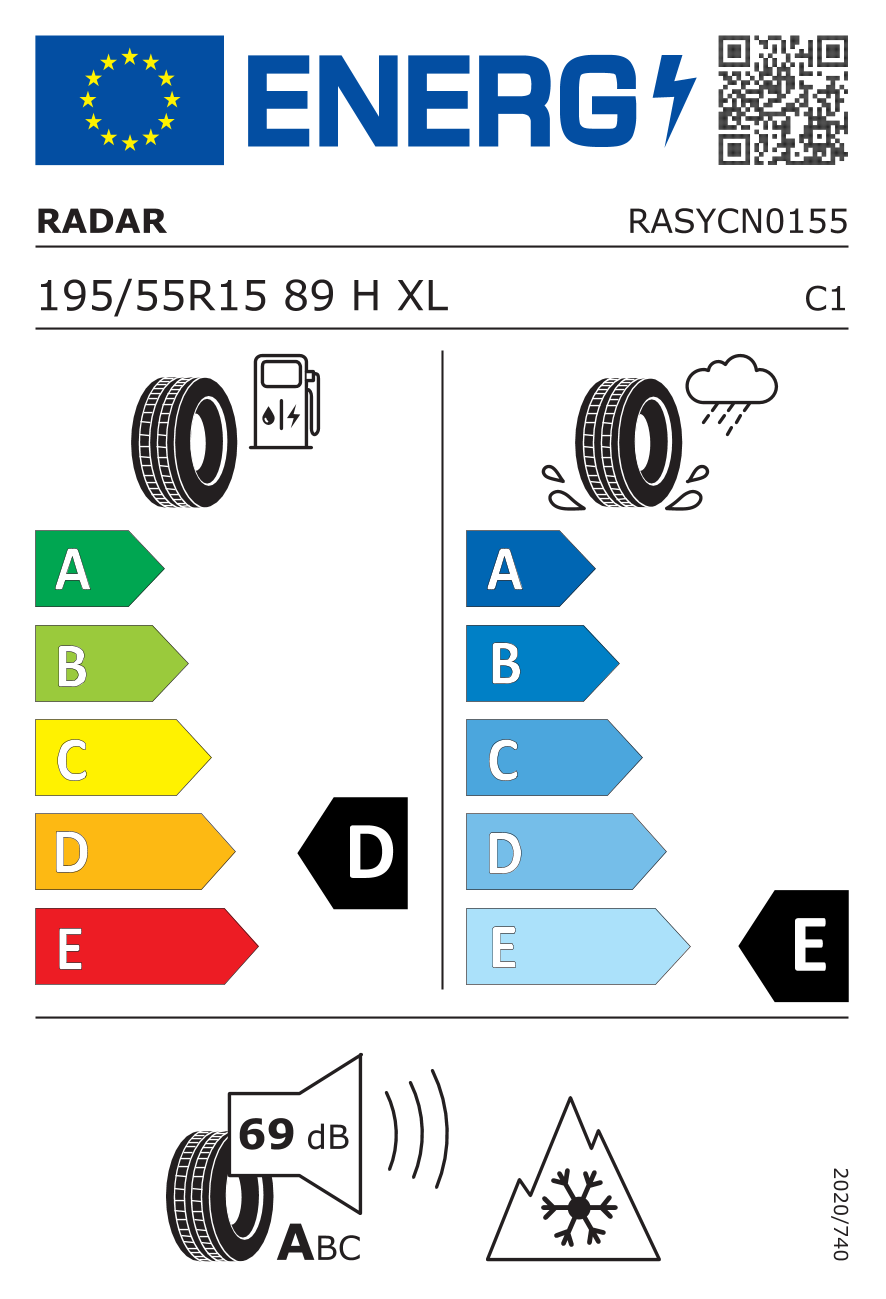 EU-Reifenlabel für RADAR DIMAX ALPINE 195/55 R15 89H