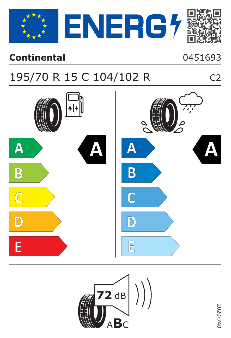 EU-Reifenlabel für CONTINENTAL VANCONTACT ECO 195/70 R15 104/102R