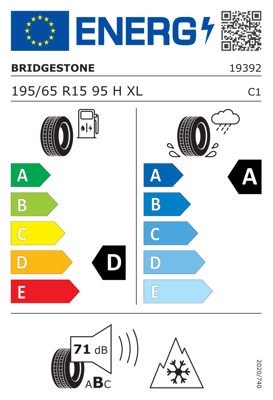 EU-Reifenlabel für BRIDGESTONE A005 EVO WEATHER CONTROL 195/65 R15 95H