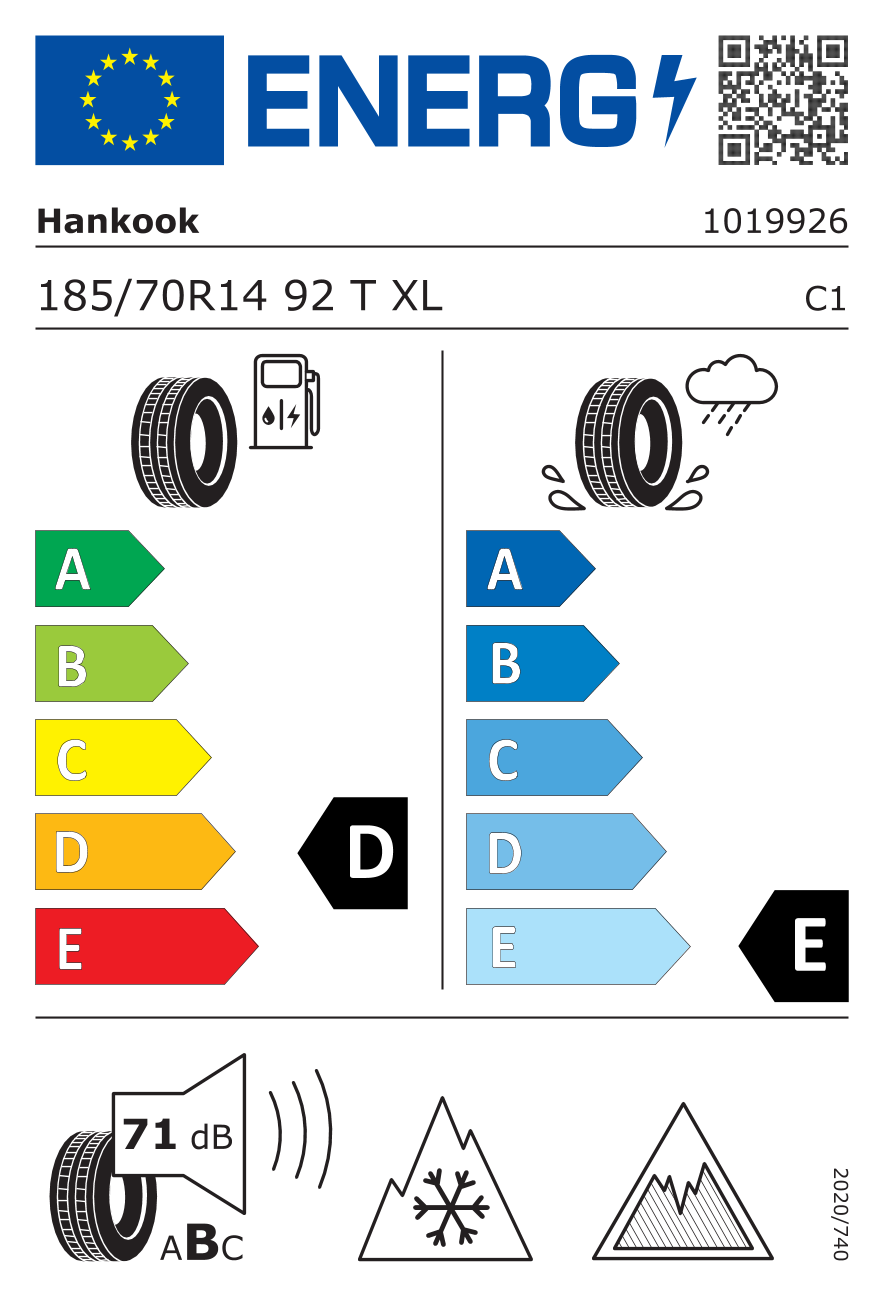 EU-Reifenlabel für HANKOOK W616 WINTER I*CEPT IZ2 185/70 R14 92T