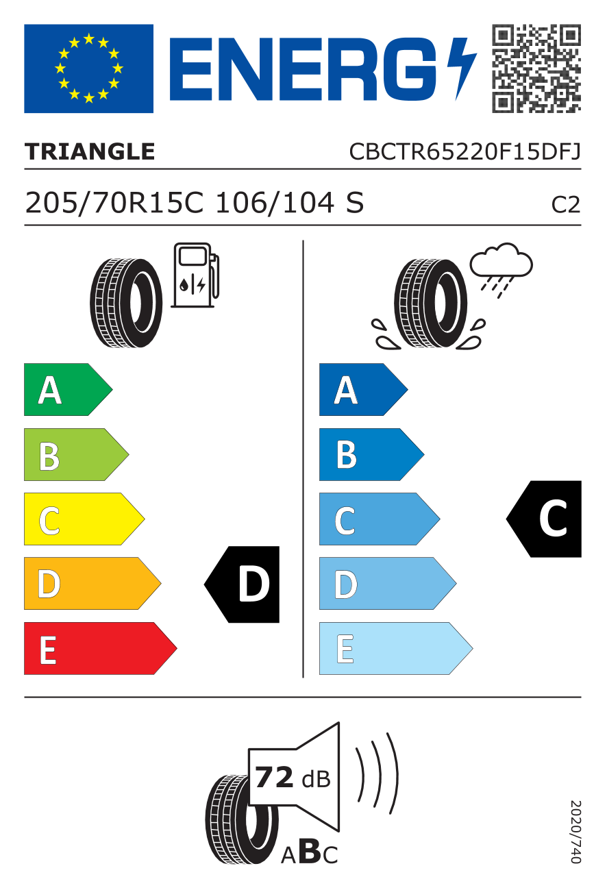EU-Reifenlabel für TRIANGLE TR-652 MILEAGE PLUS 205/70 R15 106/104S