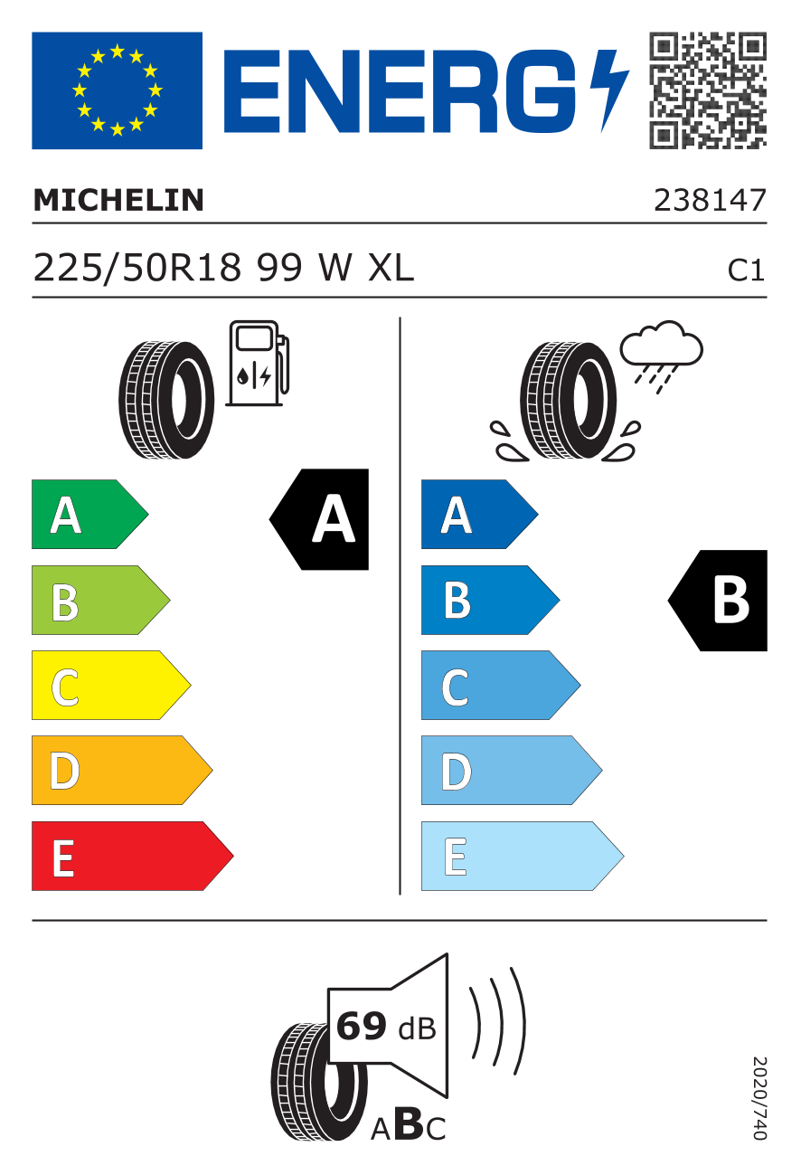 EU-Reifenlabel für MICHELIN e.Primacy 225/50 R18 99W