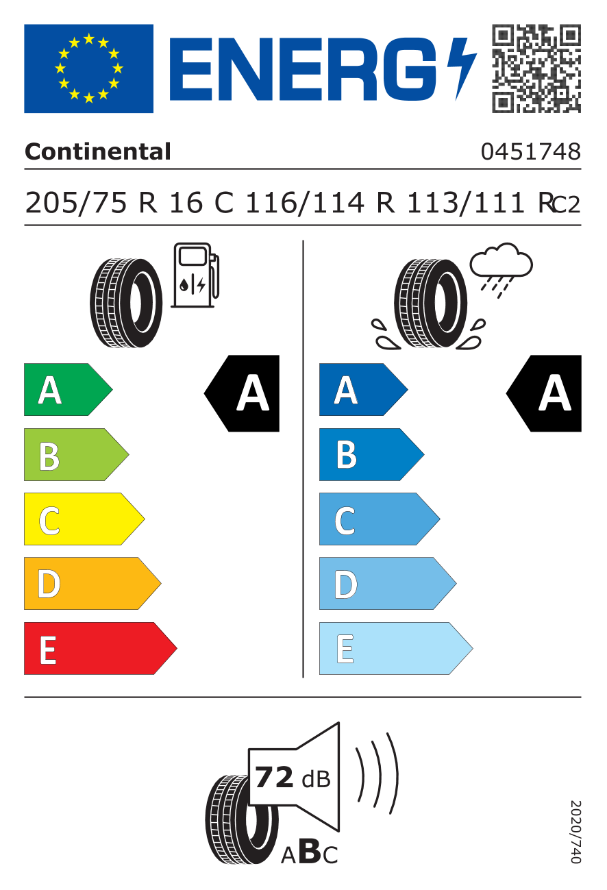 EU-Reifenlabel für CONTINENTAL VANCONTACT ECO 205/75 R16 116/114R