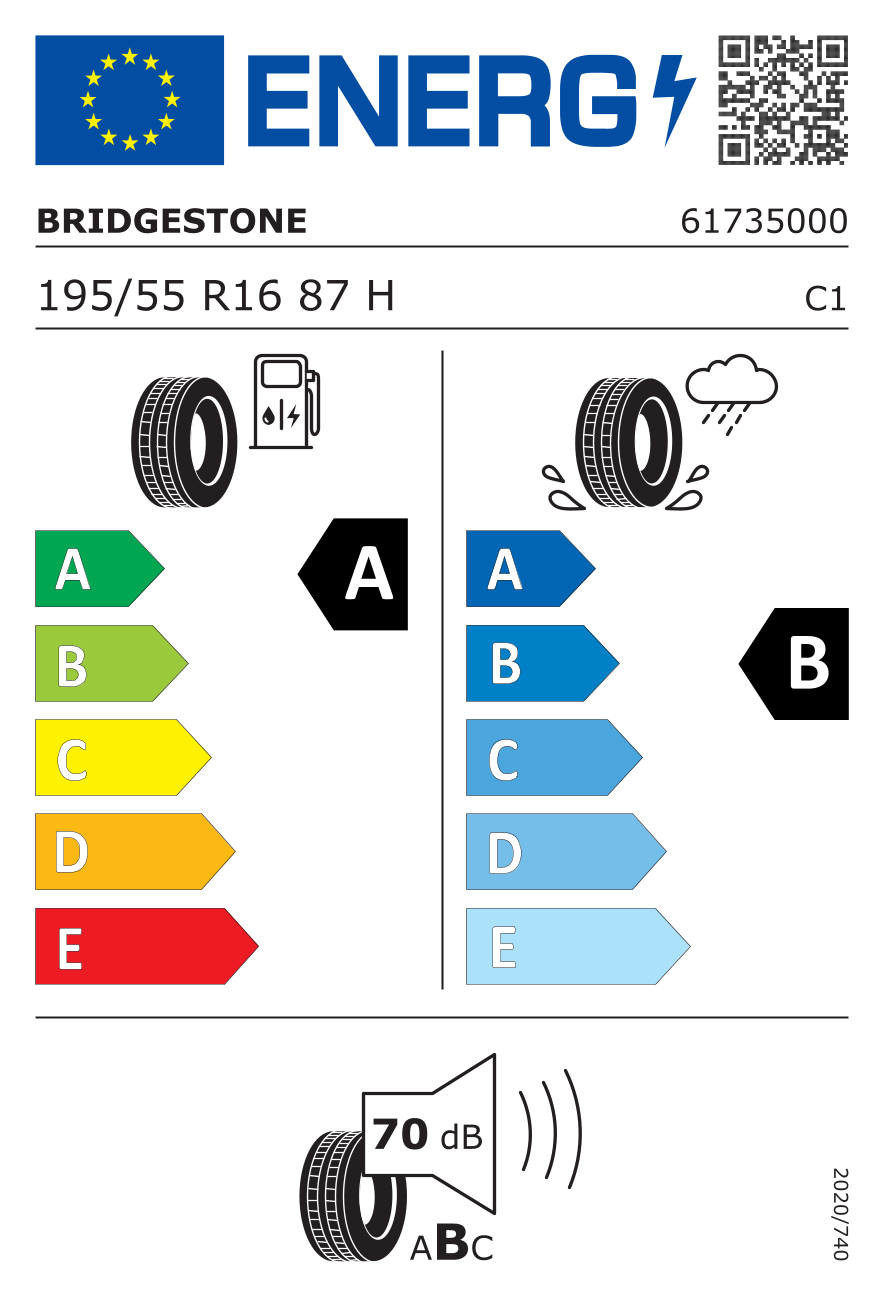EU-Reifenlabel für BRIDGESTONE TURANZA T005 195/55 R16 87H