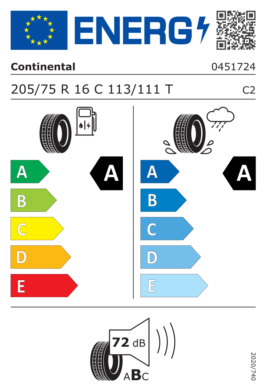 EU-Reifenlabel für CONTINENTAL VANCONTACT ECO 205/75 R16 113/111T