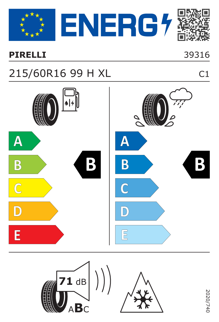 EU-Reifenlabel für PIRELLI CINTURATO WINTER 2 215/60 R16 99H