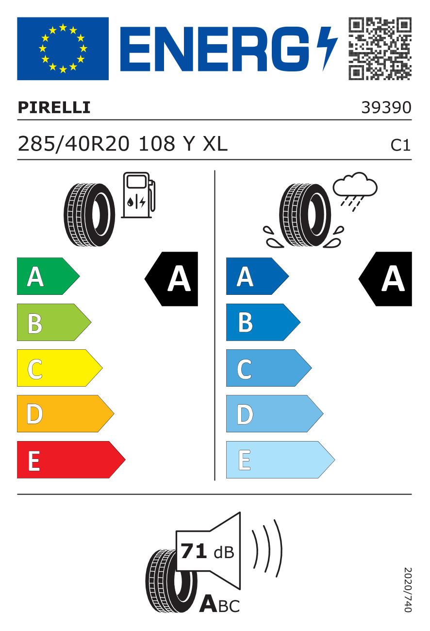 EU-Reifenlabel für PIRELLI P ZERO (PZ4) S.C. 285/40 R20 108Y