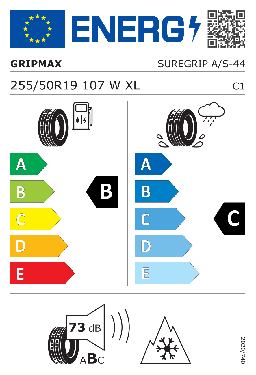 EU-Reifenlabel für GRIPMAX SUREGRIP A/S 255/50 R19 107W