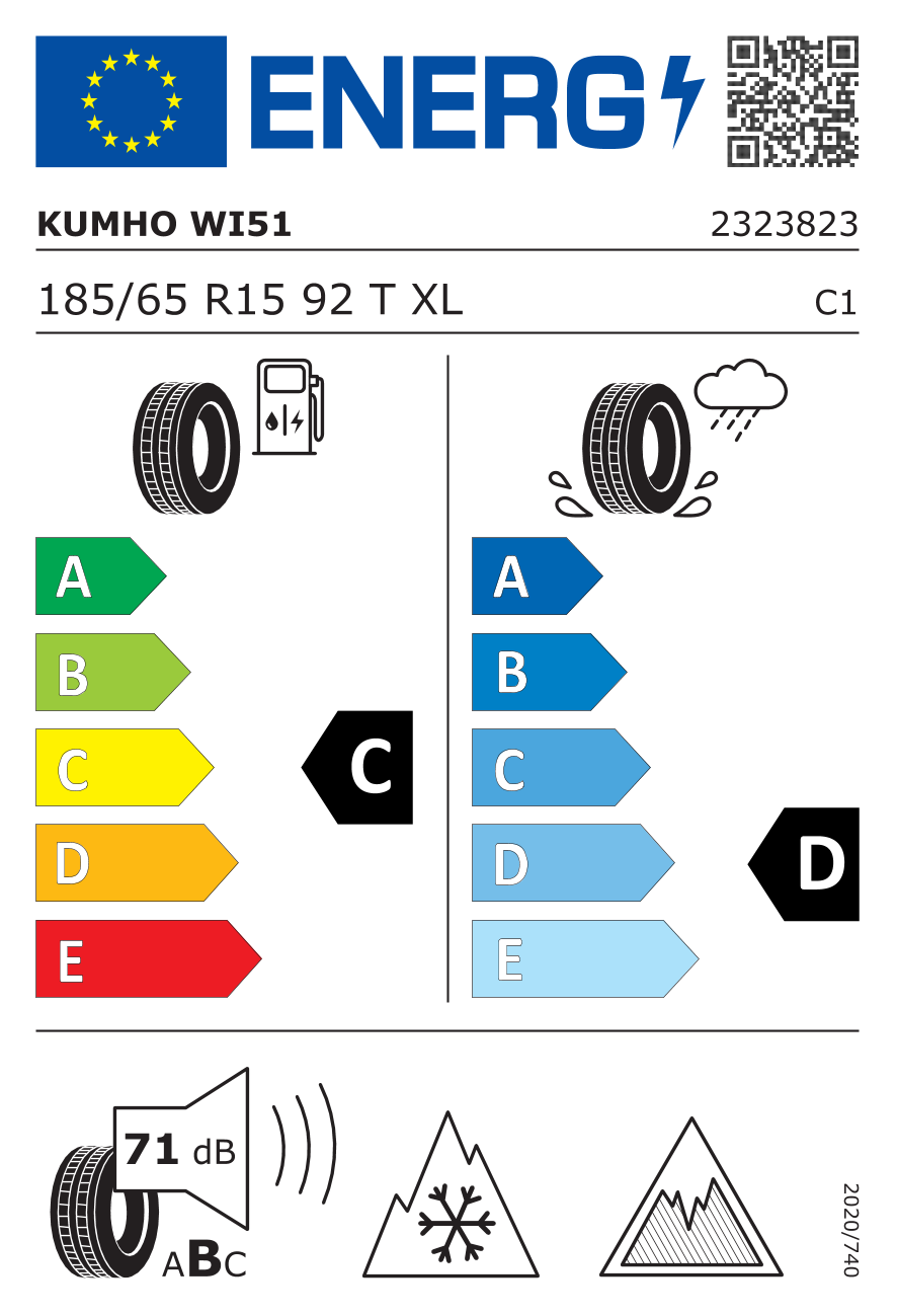EU-Reifenlabel für KUMHO WI51 WINTERCRAFT 185/65 R15 92T