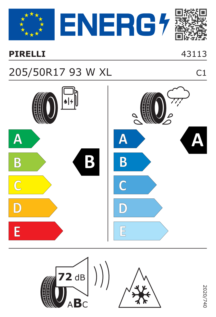 EU-Reifenlabel für PIRELLI CINTURATO ALL SEASON SF 3 205/50 R17 93W