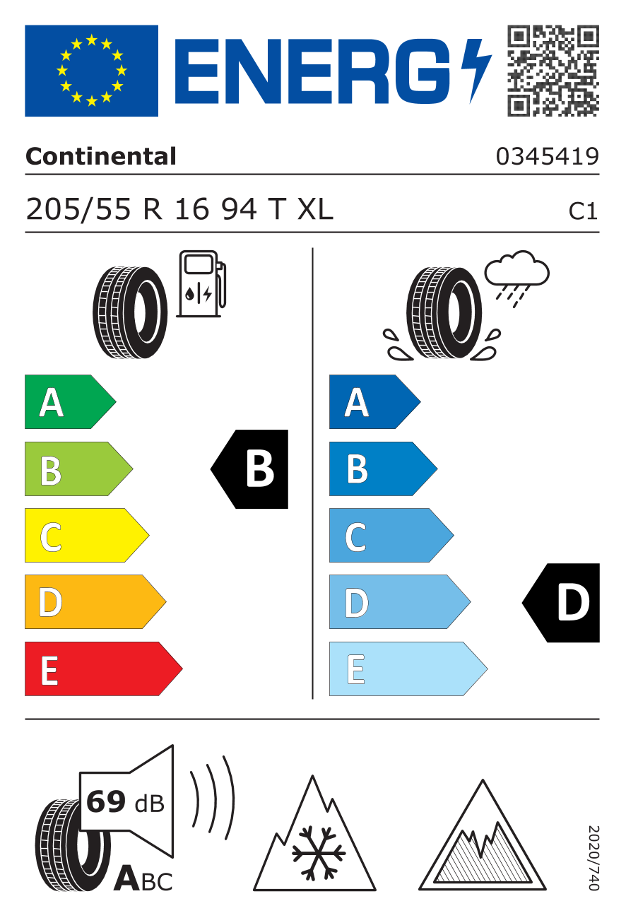 EU-Reifenlabel für CONTINENTAL VIKING CONTACT 8 205/55 R16 94T