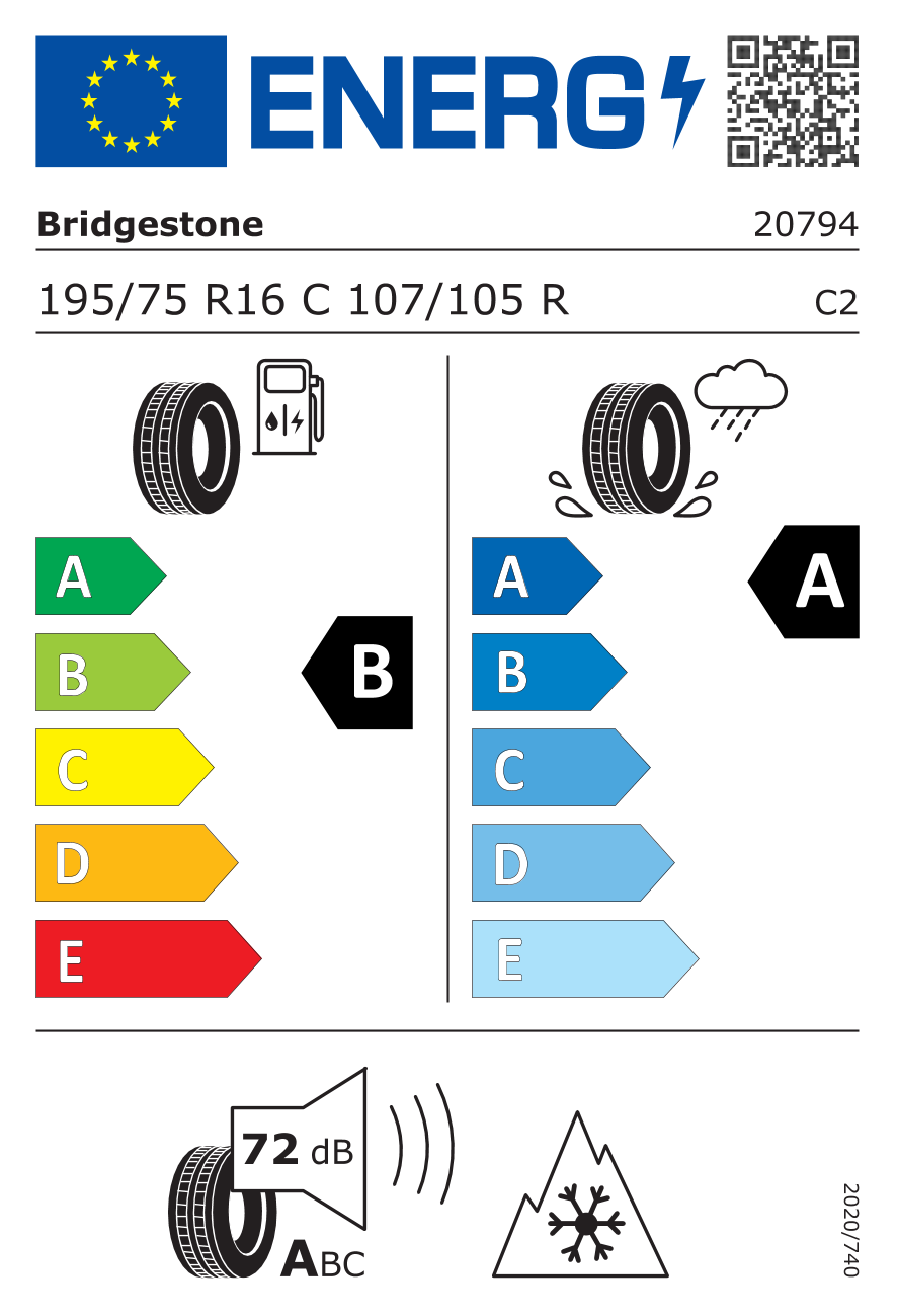 EU-Reifenlabel für BRIDGESTONE DURAVIS ALL SEASON EVO 195/75 R16 107/105R