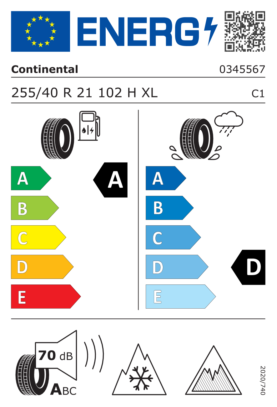 EU-Reifenlabel für CONTINENTAL VIKING CONTACT 8 255/40 R21 102H