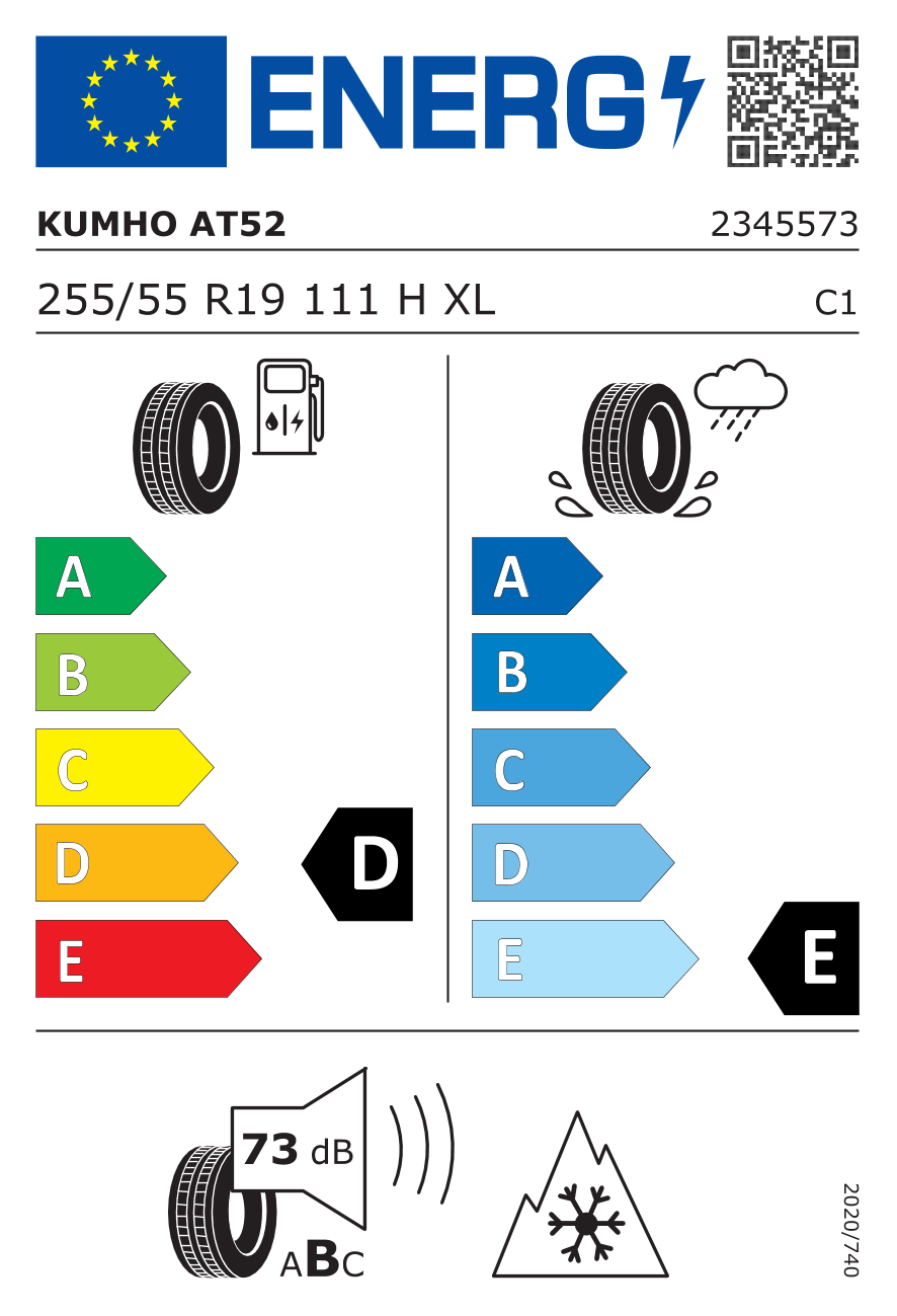EU-Reifenlabel für KUMHO AT52 ROAD VENTURE 255/55 R19 111H