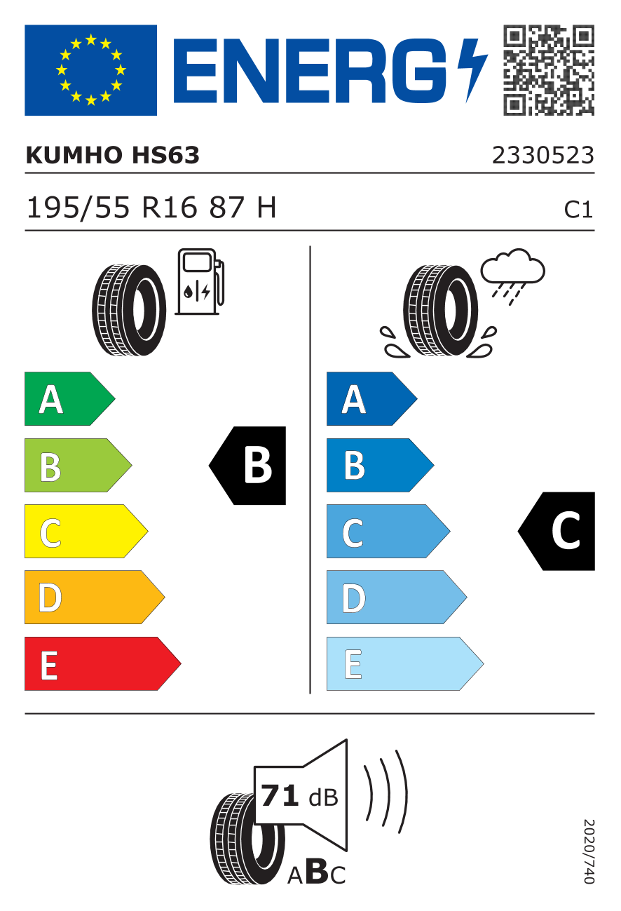 EU-Reifenlabel für KUMHO HS63 SOLUS 195/55 R16 87H