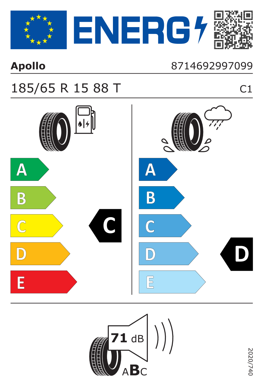 EU-Reifenlabel für APOLLO ALNAC 4G 185/65 R15 88T
