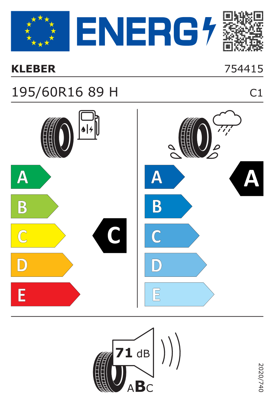 EU-Reifenlabel für KLEBER DYNAXER HP5 195/60 R16 89H