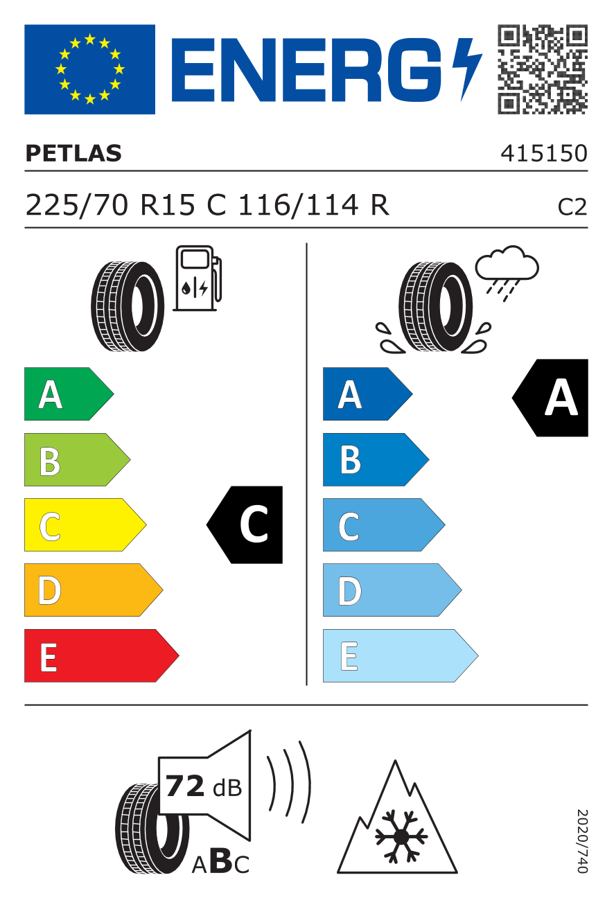 EU-Reifenlabel für PETLAS VANMASTER A/S + 225/70 R15 116/114R
