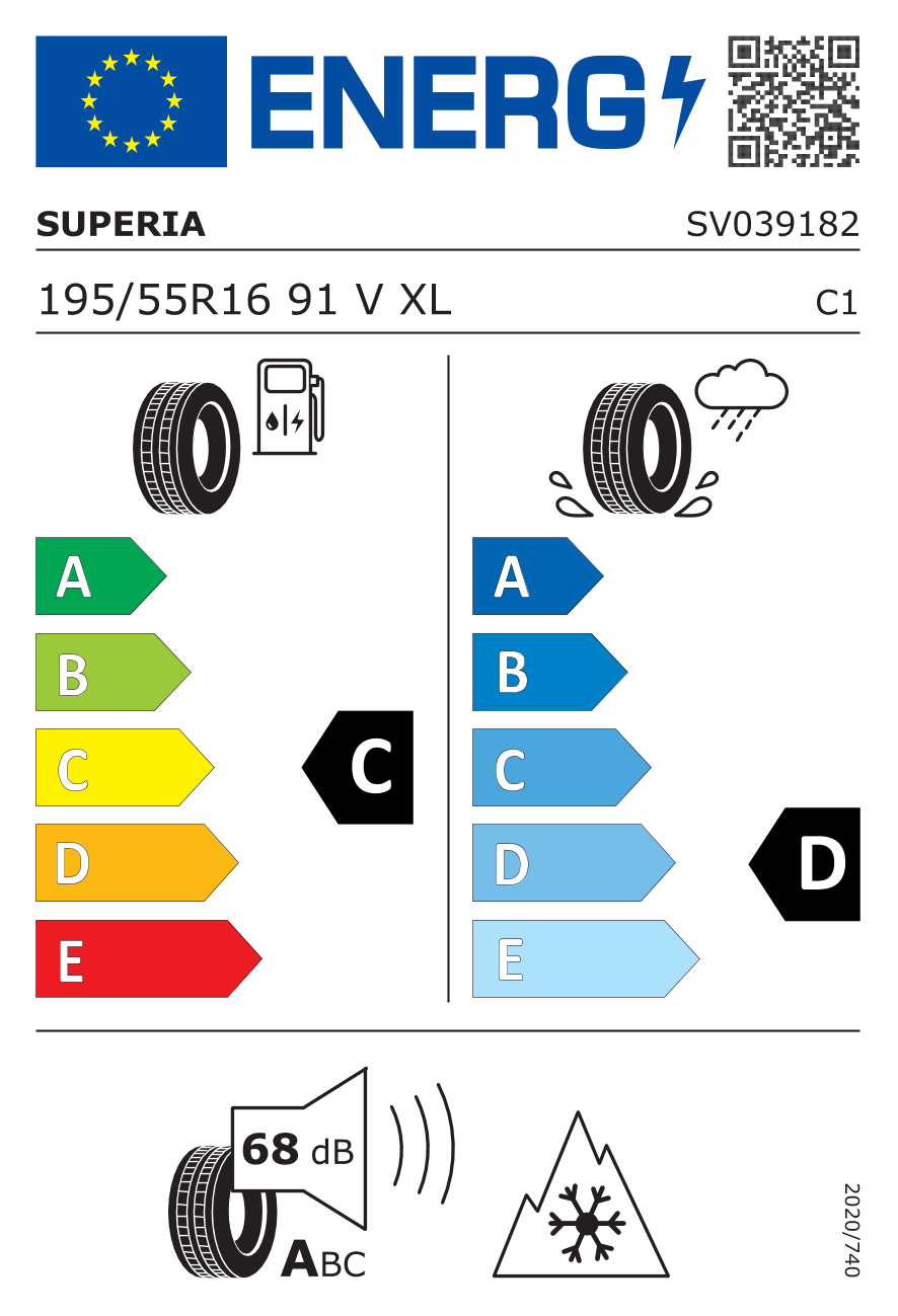 EU-Reifenlabel für SUPERIA TIRES BLUEWIN UHP 195/55 R16 91V