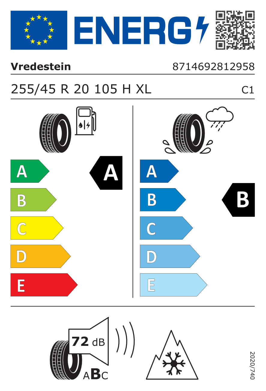 EU-Reifenlabel für VREDESTEIN QUATRAC PRO 255/45 R20 105H