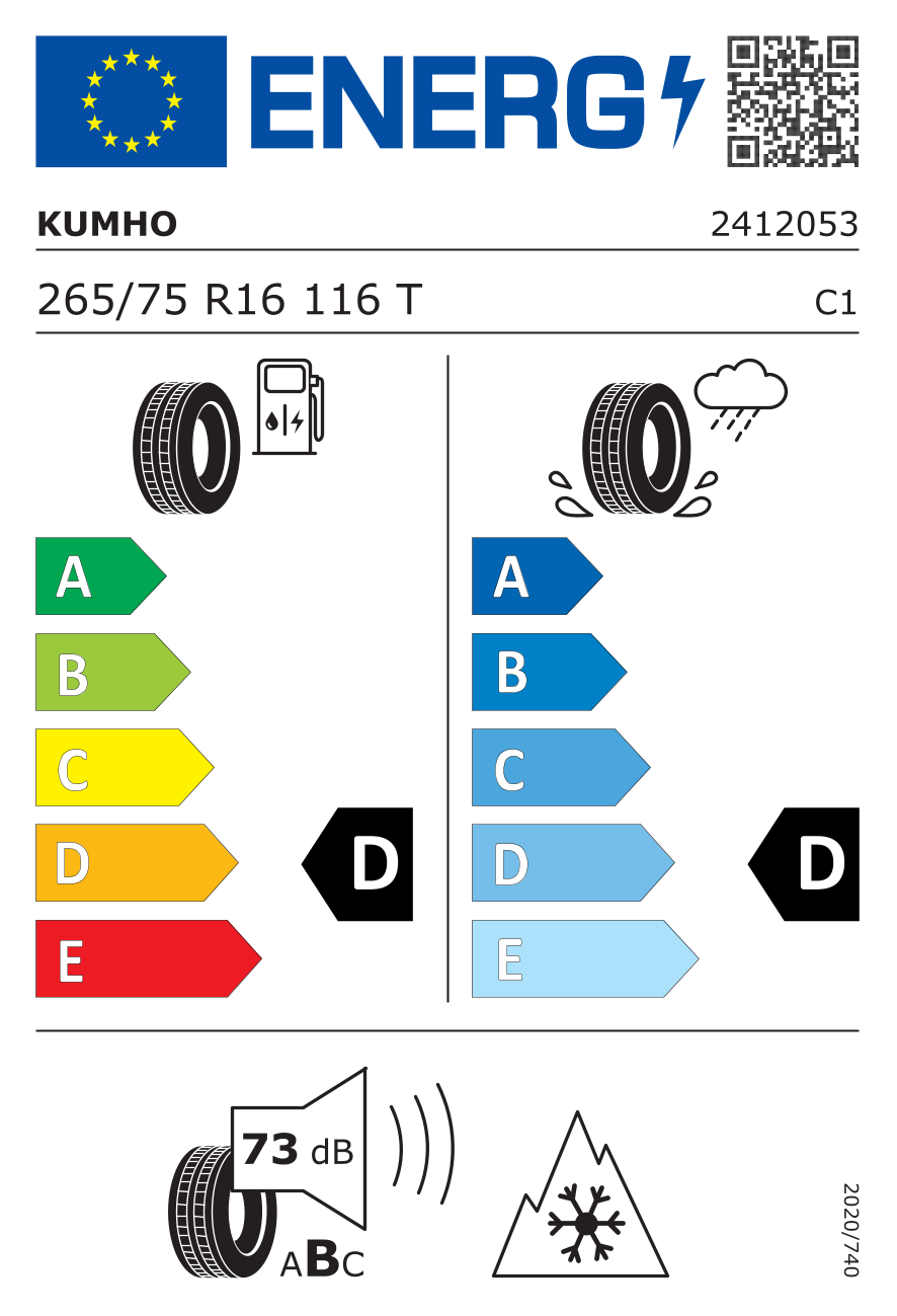 EU-Reifenlabel für KUMHO AT52 ROAD VENTURE 265/75 R16 116T
