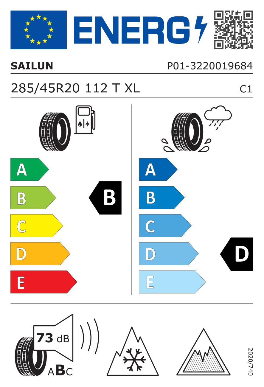EU-Reifenlabel für SAILUN ICE BLAZER ARCTIC EVO 285/45 R20 112T