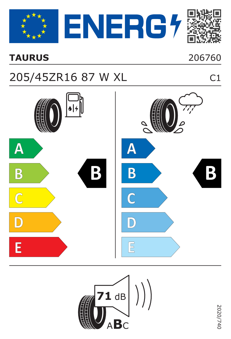 EU-Reifenlabel für TAURUS SUMMER 3 205/45 R16 87W